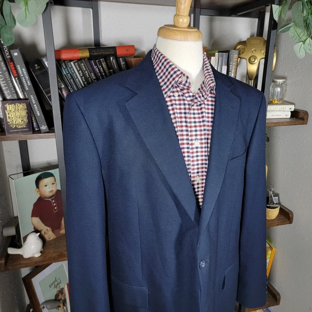 Stafford Essentials Men's Sport Coat Blazer Two Button Navy Blue‎ Poly Blend 46L